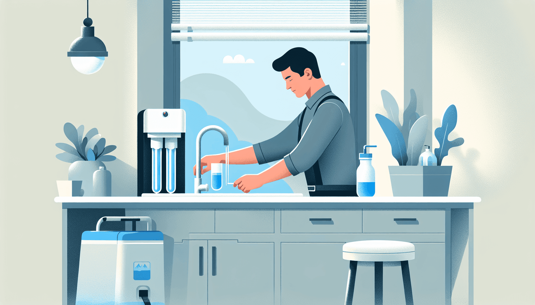 Plumber installing a water filtration system under a sink