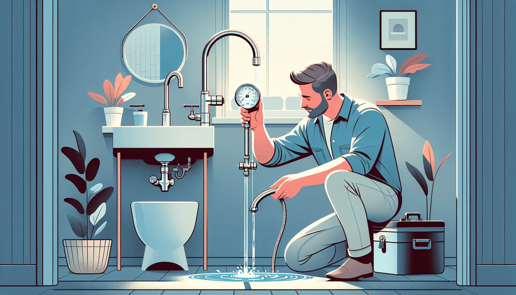 Plumber checking water pressure in a bathroom sink