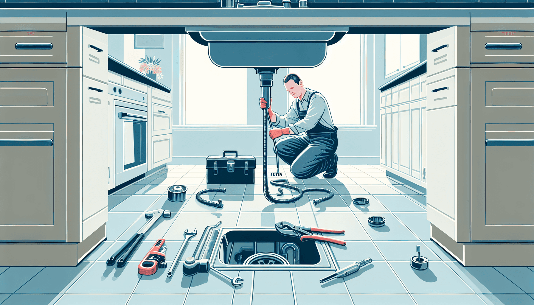 Illustration of plumber cleaning a kitchen drain